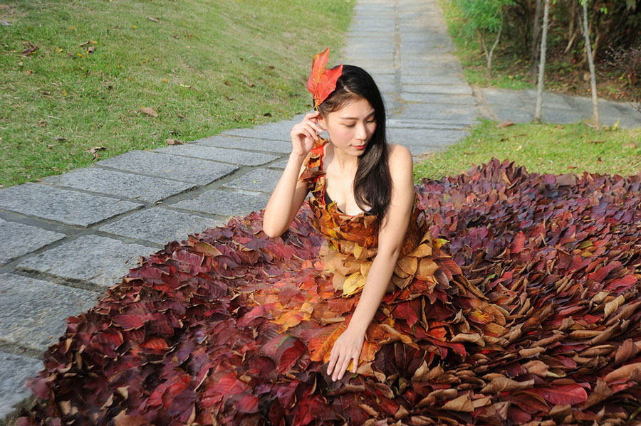 Four designers create dress from 5,888 real leaves