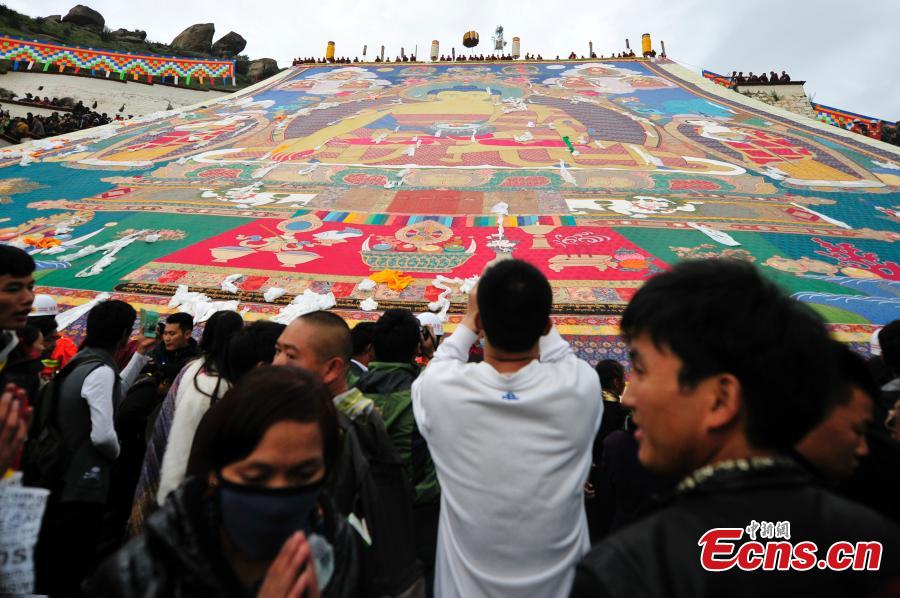 People celebrate Shoton Festival at Drepung monastery, Tibet