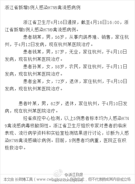 浙江省新增5例人感染H7N9禽流感病例 全國共確診71例