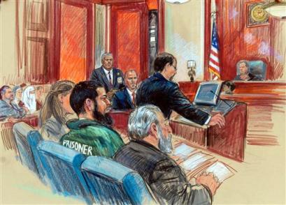 In this courtroom artist rendering prosecuting attorney David Laufman, standing, argues his case before Judge Liam O'Grady on the bench, right, as Defense attorney John Zwerling, bottom right, and defendant Ahmed Omar Abu Ali, bottom center, listen during a hearing at the U.S. Courthouse in Alexandria, Va. Tuesday, March 1, 2005. Judge O'Grady ordered that Abu Ali, a Virginia man accused of plotting with al-Quaida to kill President Bush, remain in jail pending trial and said that Abu Ali has in his own words indicated that he is a 'grave, grave danger' to the nation. [AP]