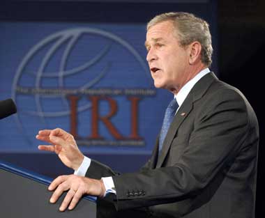 U.S. President George W. Bush delivers remarks at the International Republican Institute Dinner in Washington, May 18, 2005.