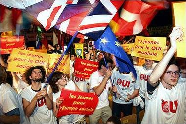 French Socialist Party's supporters attend a meeting at the Zenith Arena in Lille, northern France, calling to vote 'yes' on the European constitution referendum. France goes to the polls on Sunday for a historic referendum on the EU constitution, one that could send shockwaves through the country and the European Union if voters reject the treaty as predicted.(AFP