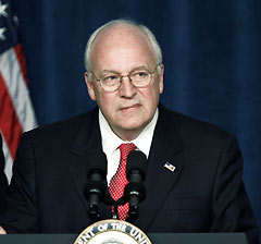 Vice President Dick Cheney makes remarks at a reception for former U.S. Rep. Mac Collins (R-GA), a candidate for Congress in Perry, Georgia, October 28, 2005.