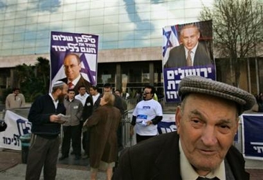 Likud Party members gather at a polling station during elections for the party's primary in Jerusalem, Monday, Dec. 19, 2005.