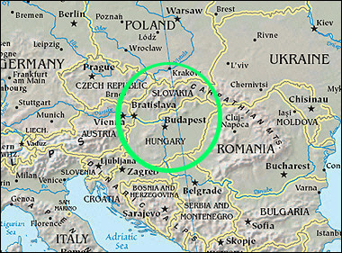 Partial map of Europe highlighting Slovakia and Hungary.