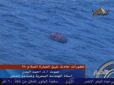 This is an aerial image from TV which shows people in a dinghy in the Red Sea, Friday, Feb. 3, 2006.