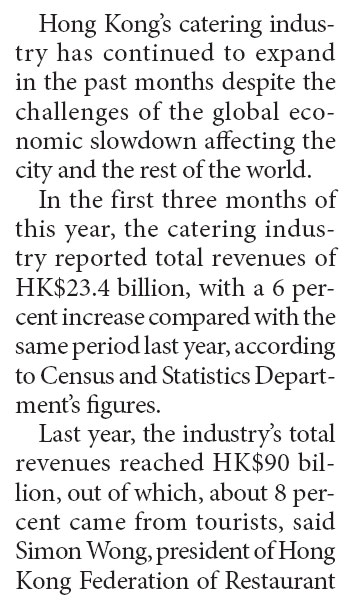 HK's catering industry expands despite rising costs