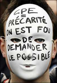 A person demonstrates in Strasbourg, during a protest against the government's contested First Employment Contract (CPE). Paris police used tear gas and batons to quell angry demonstrators in Paris as nationwide strikes and protest action brought over a million onto the nation's streets to rally against new youth job laws.(AFP